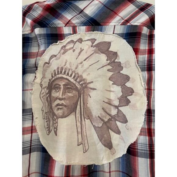 Burnside Button Down Shirt Plaid Native American Patch Mens Medium Unique - Picture 3 of 8